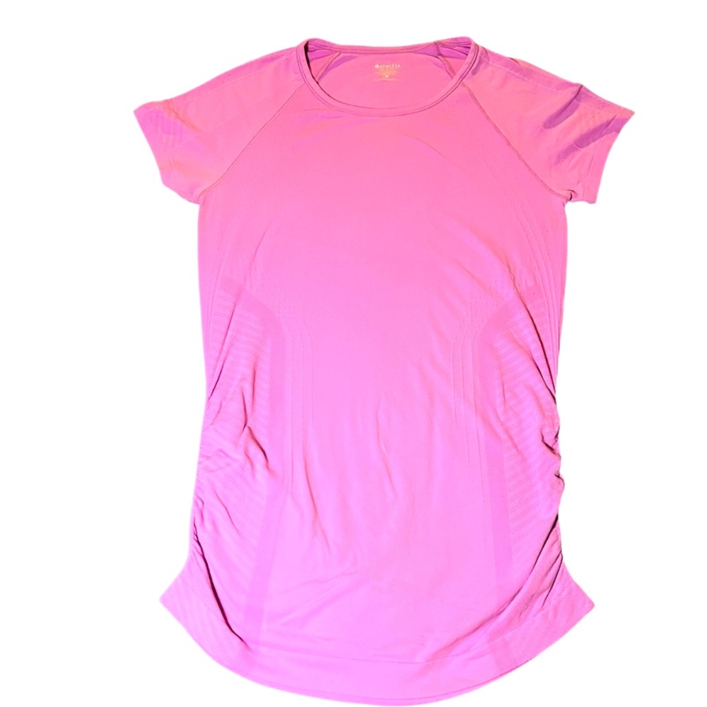 Athleta Top Womens Size L Pink Ruched Sides Short Sleeve Athletic Fitted Logo
